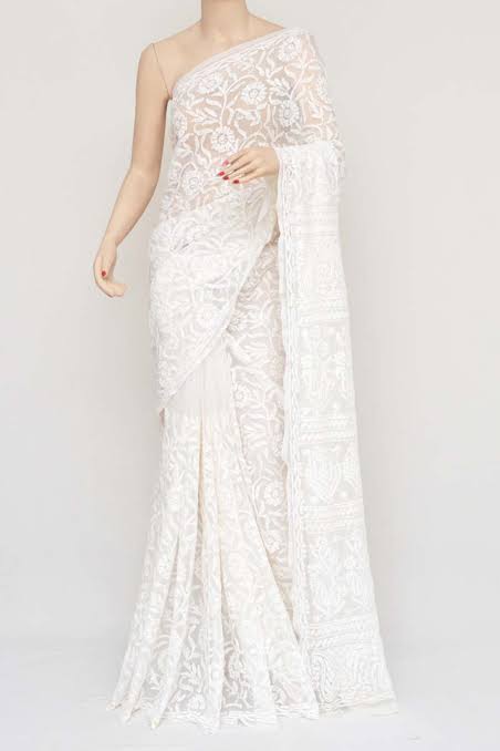 White color Lucknowi Chikankari work Saree