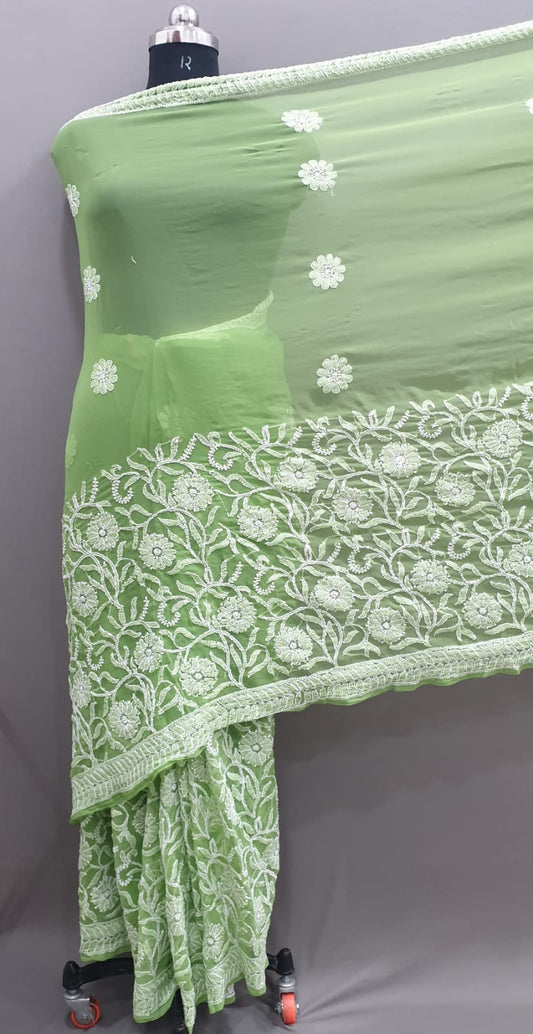 Green color Lucknowi Chikankari work Saree