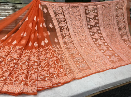 Orange color Lucknowi Chikankari work Saree