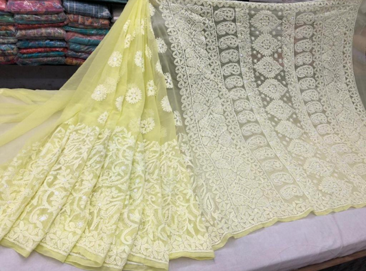 Yellow color Lucknowi Chikankari work Saree