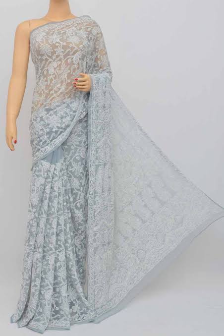 Grey color Lucknowi Chikankari work Saree