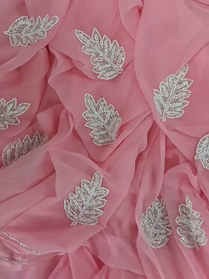 Pink color  Leaf motif design pure jaipuri Chiffon Saree