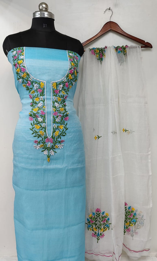 Pure Kota-Doria Unstitched Suit with Embroidey Work