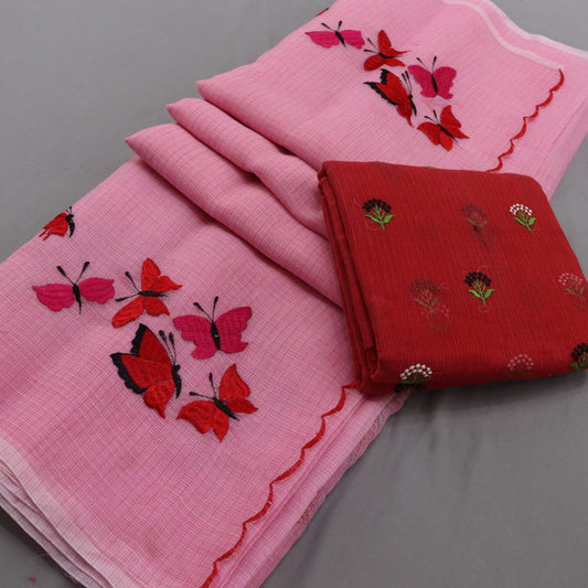 Pure Kota-Doria Saree with Blouse and embroidery work