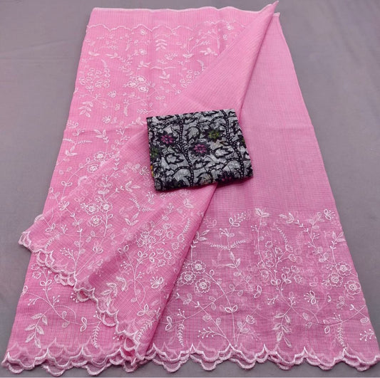 Pure Cotton Kota Doria Embrodiery Work Saree With Blouse