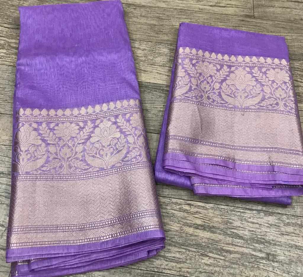 Pure Banarasi Linen Silk Border Saree With Blouse