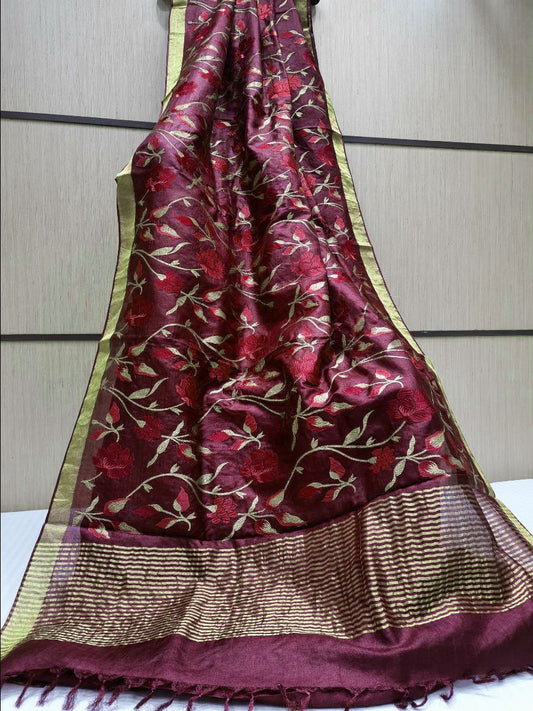 Pure Hand woven Banarasi Tussar Moonga Silk Sarees With Blouse Smooth & Soft Fabric ( length- 6.3 meter )