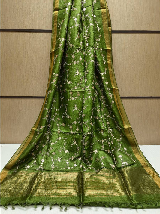 Pure Hand woven Banarasi Tussar Moonga Silk Sarees With Blouse Smooth & Soft Fabric ( length- 6.3 meter )