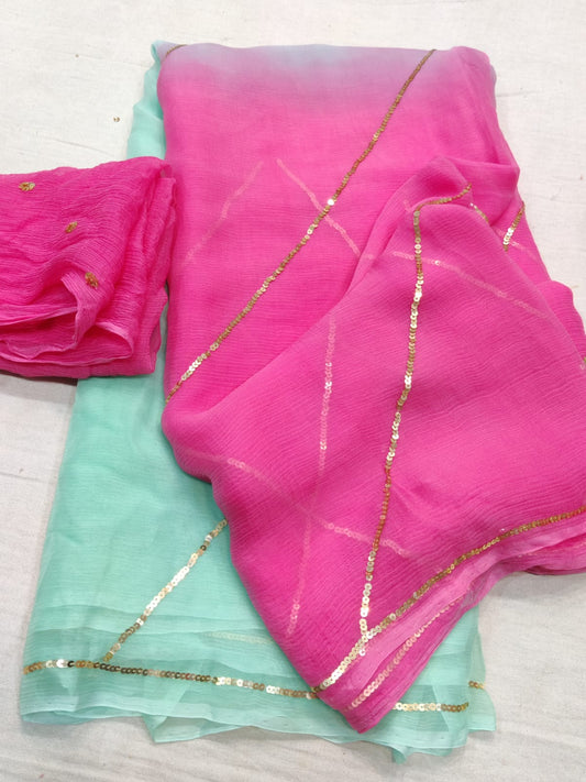 Pure Chiffon Sequence Line Full Work saree With Running Blouse.