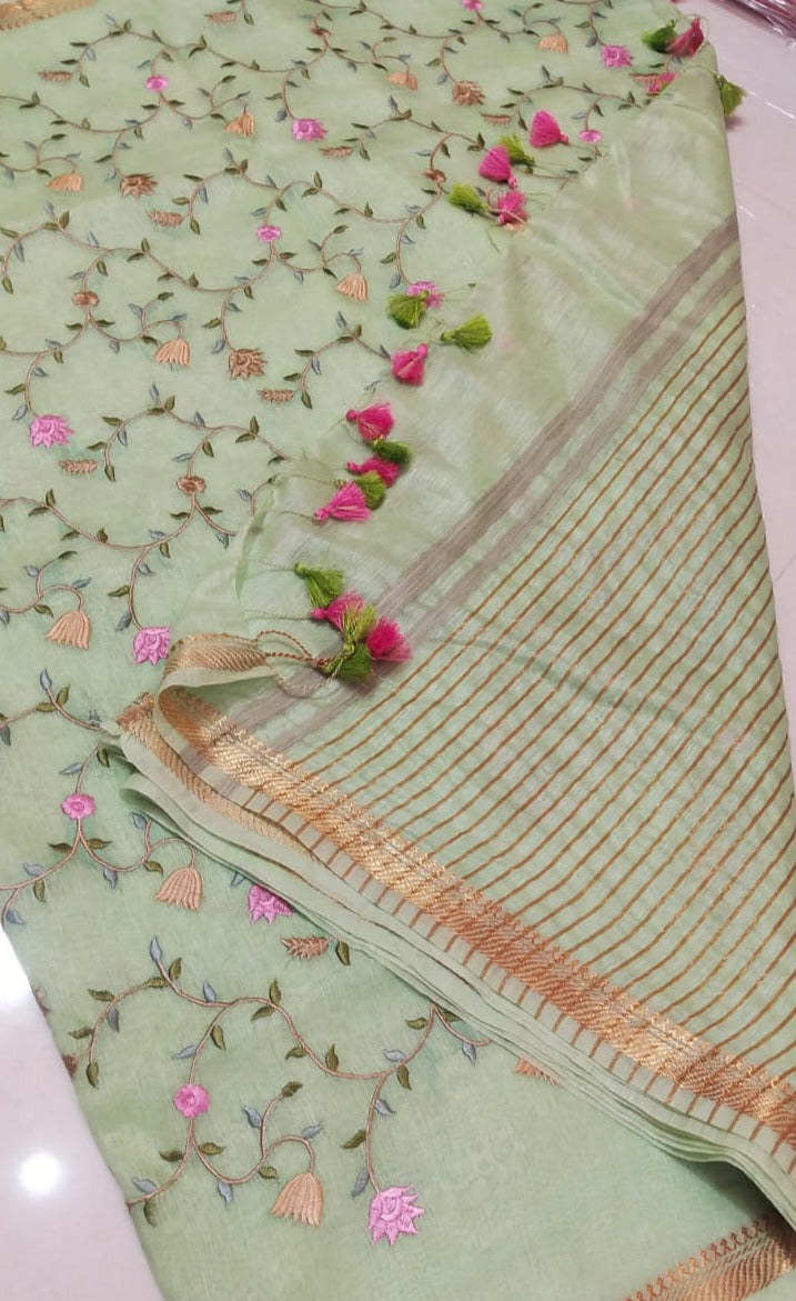 Embroidered Linen silk (kataan by linen) saree hotsell with stitched blouse