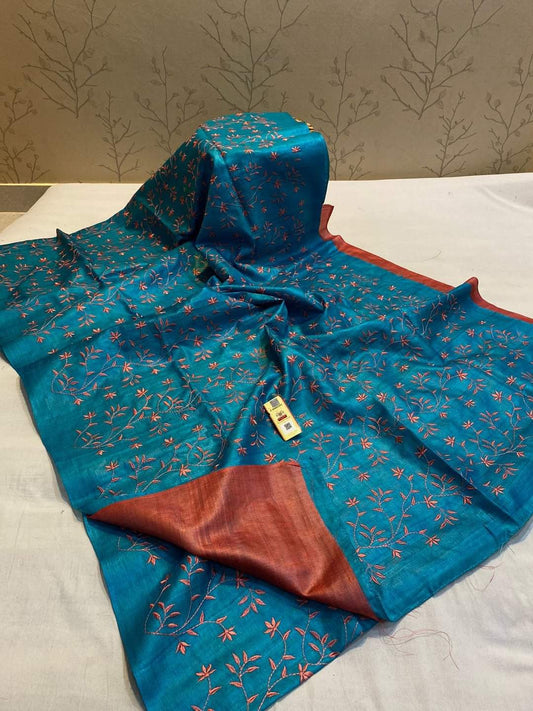 Pure Desi Tussar By Tussar Silk Embroidery Work Saree With Running Blouse