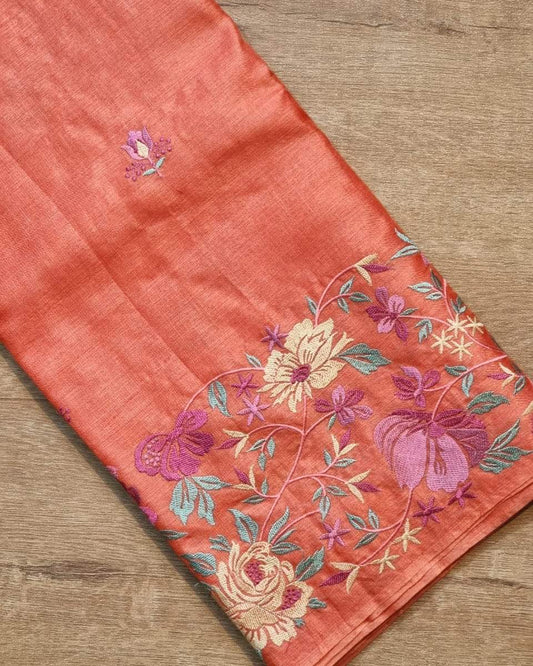 Pure Desi Tussar By Tussar Silk Embroidery Work Saree With Running Blouse.