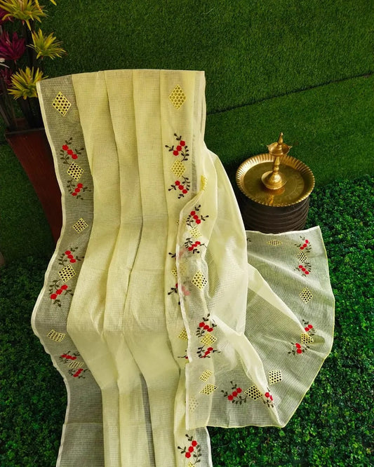 Pure Kota-Doria Saree with Running Blouse and Embroidery Work