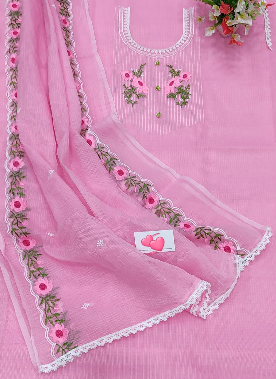 Pure Kota-Doria Unstitched Suit with Embroidey Work