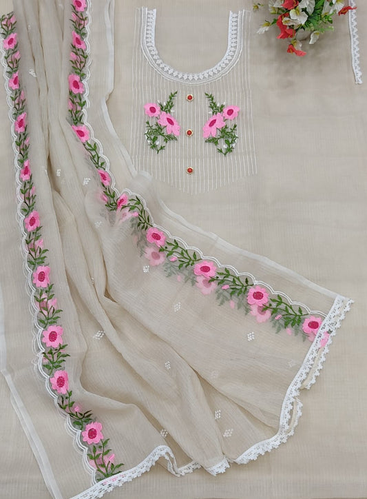 Pure Kota-Doria Unstitched Suit with Embroidey Work