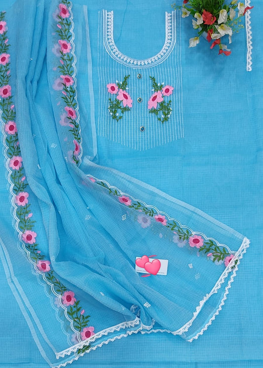 Pure Kota-Doria Unstitched Suit with Embroidey Work