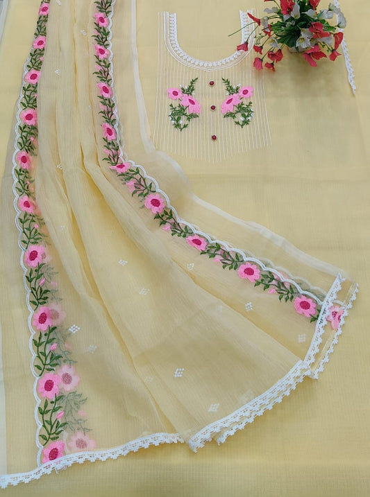 Pure Kota-Doria Unstitched Suit with Embroidery Work