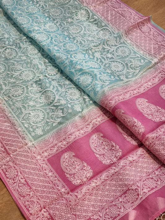 Pure Organza Silk Saree With Chikankari Hand-Work