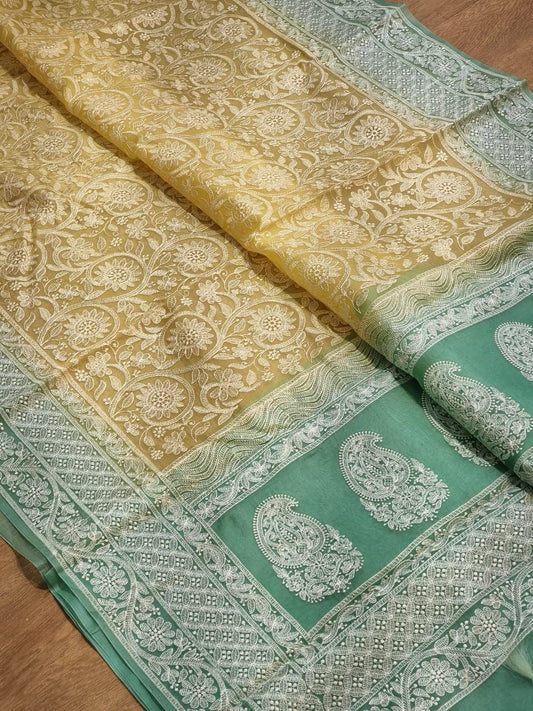 Pure Organza Silk Saree With Chikankari Hand-Work