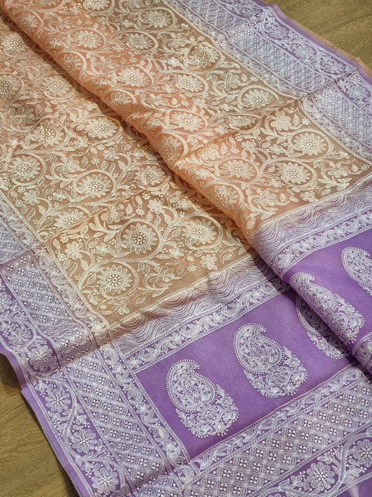 Pure Organza Silk Saree With Chikankari Hand-Work