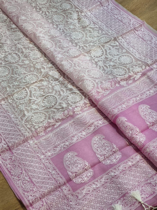 Pure Organza Silk Saree With Chikankari Hand-Work