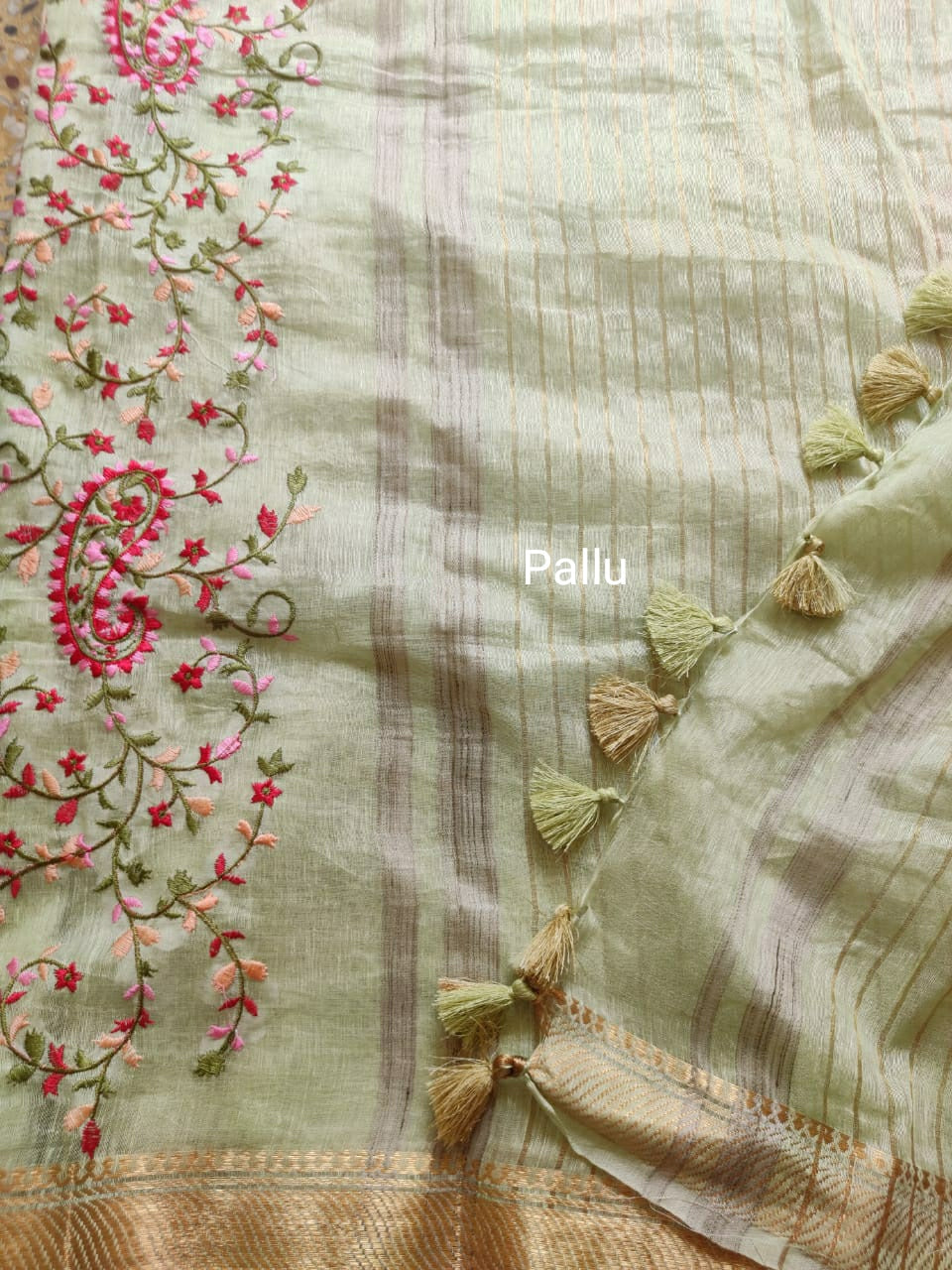 Green Pure Tussar Silk Saree with Handwork embroidery borders – PattuChela