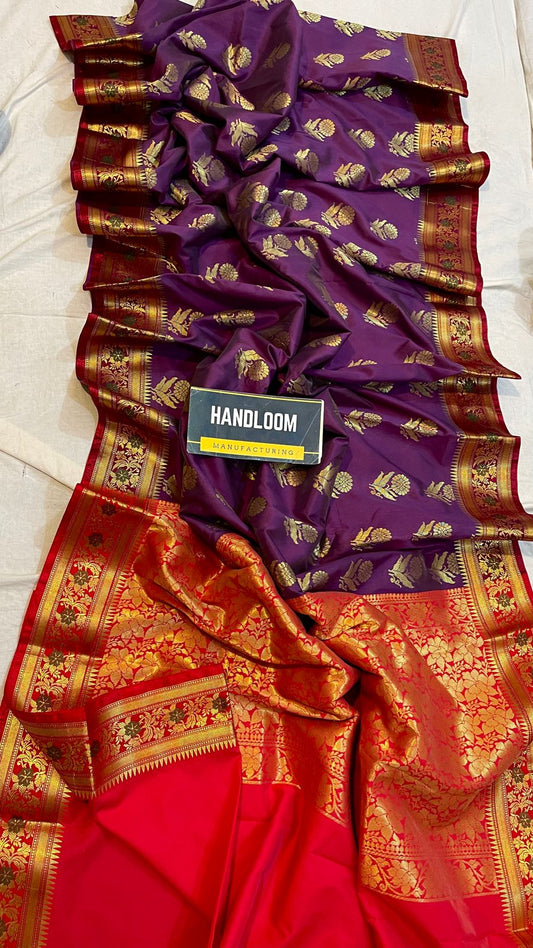 Handloom Weaved Litchi Silk Banarasi Saree with Running Blouse