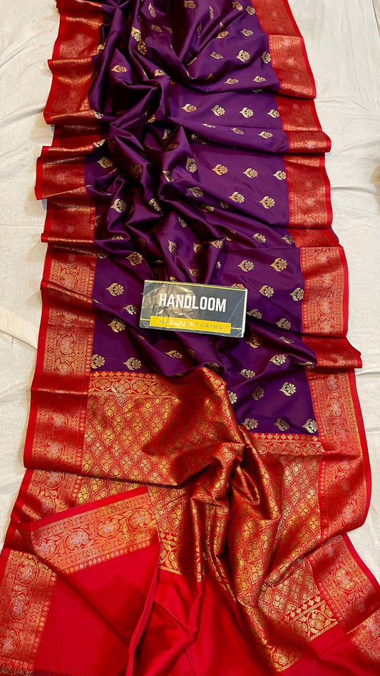 Handloom Weaved Litchi Silk Banarasi Saree with Running Blouse