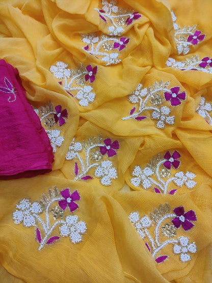 Designer Pure jaipuri Chiffon Saree with 15 Big Flower Motif