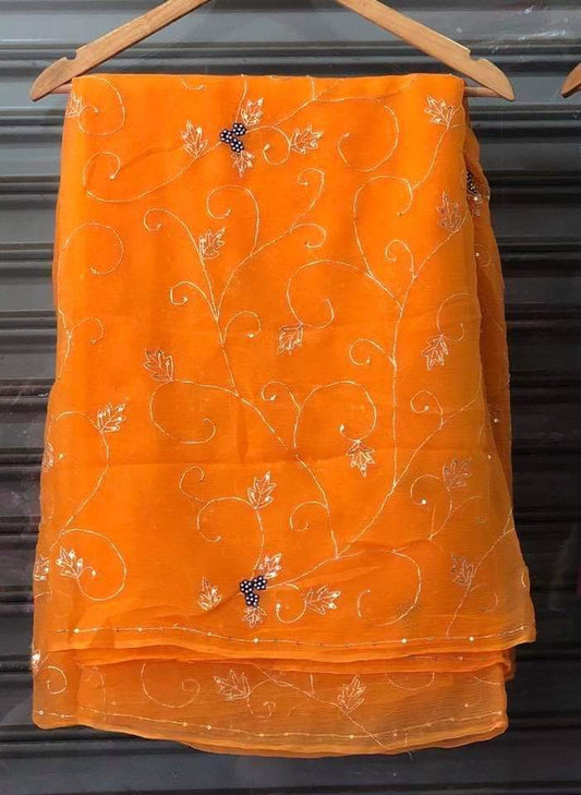 Pure Jaipuri Chiffon Jaal Work Saree  With Beautiful Rajputi look and Running Blouse