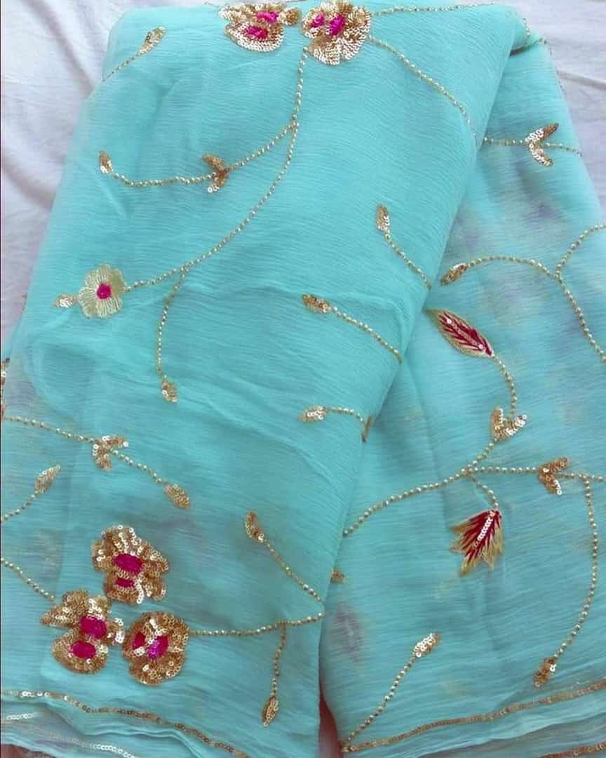 Pure Jaipuri Chiffon Jaal Work Saree With Beautiful Rajputi look and Running Blouse