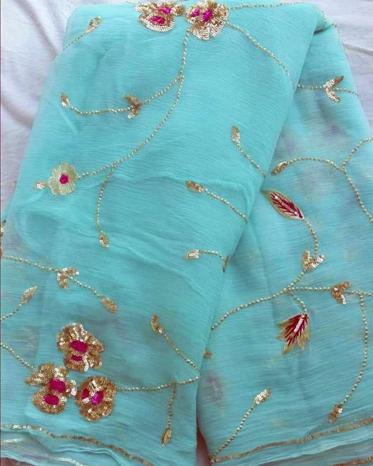 Pure Jaipuri Chiffon Jaal Work Saree With Beautiful Rajputi look and Running Blouse