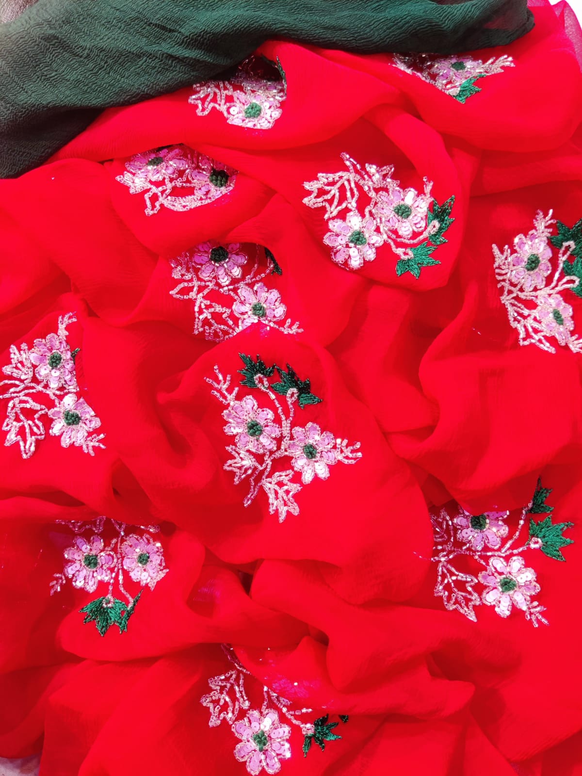 Red Color Flower motif design pure jaipuri Chiffon Saree