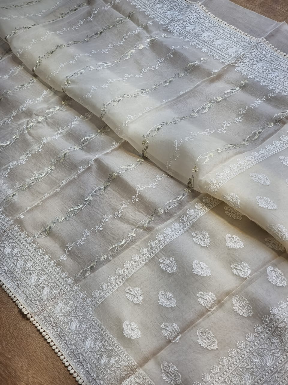 Pure Organza Silk Saree With Chikankari Hand-Work and Crochet lace