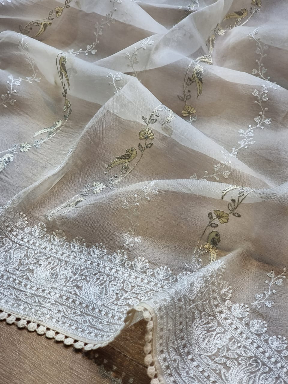 Anchor Grey Chikankari Weaving Silk Saree