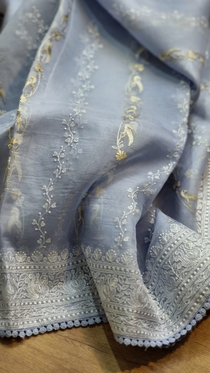 Pure Organza Silk Saree With Chikankari Hand-Work and Crochet lace