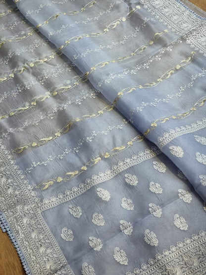 Pure Organza Silk Saree With Chikankari Hand-Work and Crochet lace