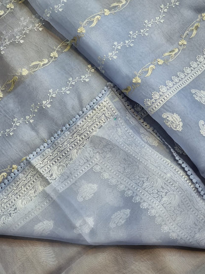 Pure Organza Silk Saree With Chikankari Hand-Work and Crochet lace