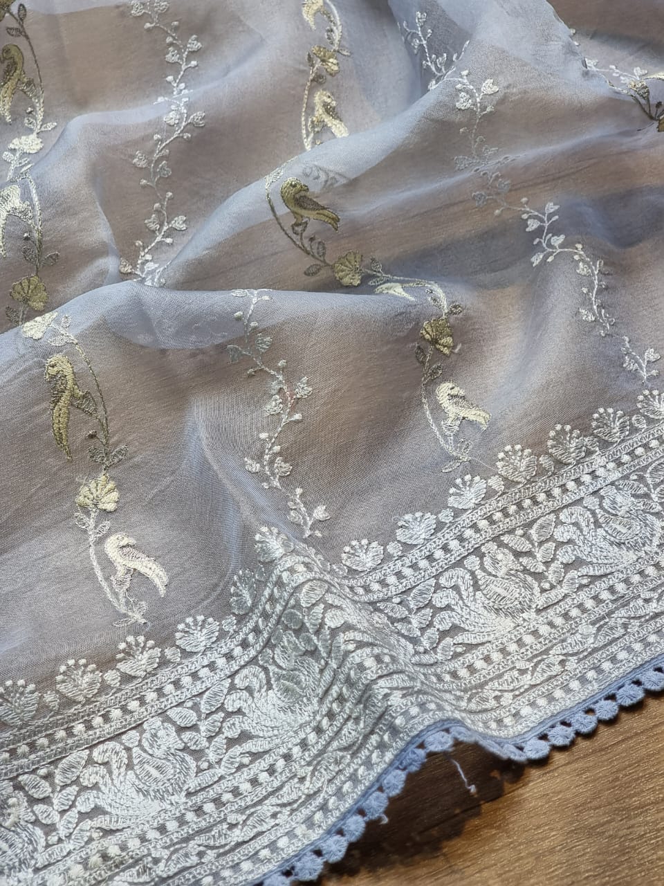 Pure Organza Silk Saree With Chikankari Hand-Work and Crochet lace