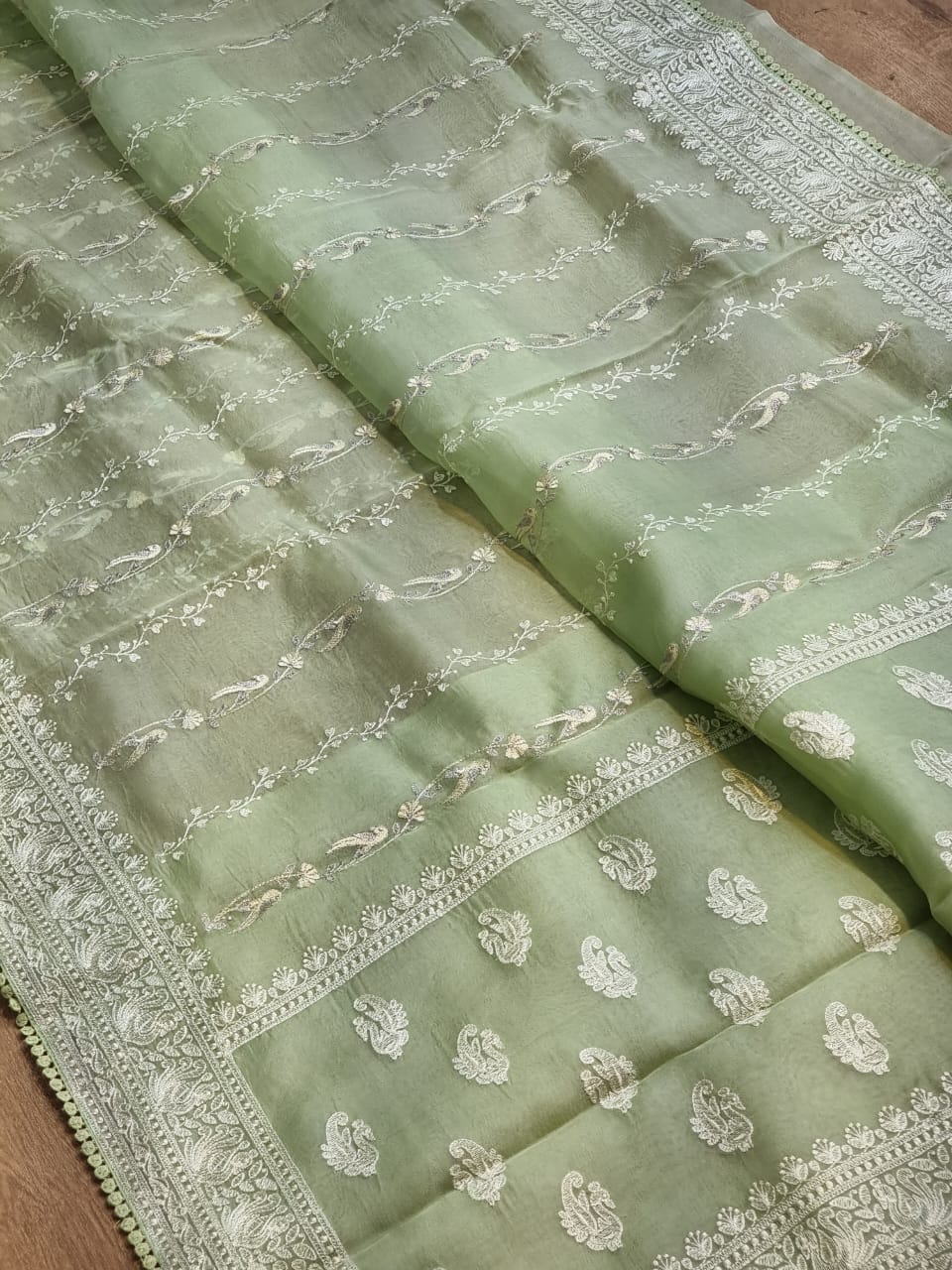 Pure Organza Silk Saree With Chikankari Hand-Work and Crochet lace