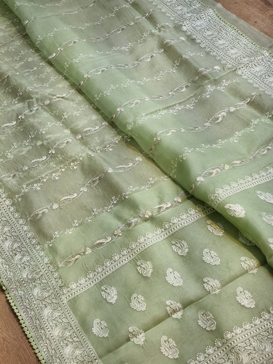 Pure Organza Silk Saree With Dhakai embroidery Hand-Work