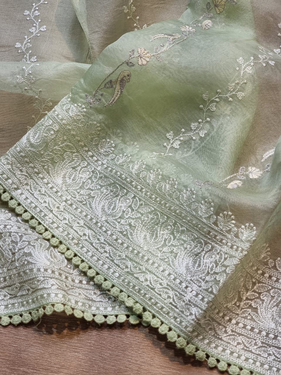 Pure Organza Silk Saree With Chikankari Hand-Work and Crochet lace