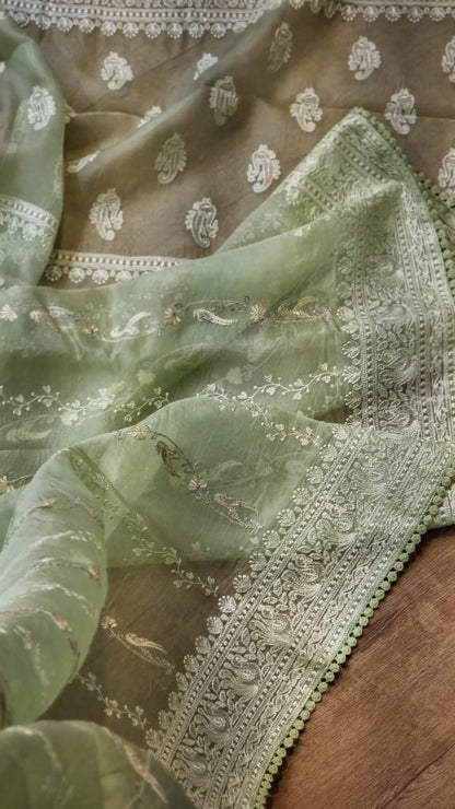 Pure Organza Silk Saree With Chikankari Hand-Work and Crochet lace