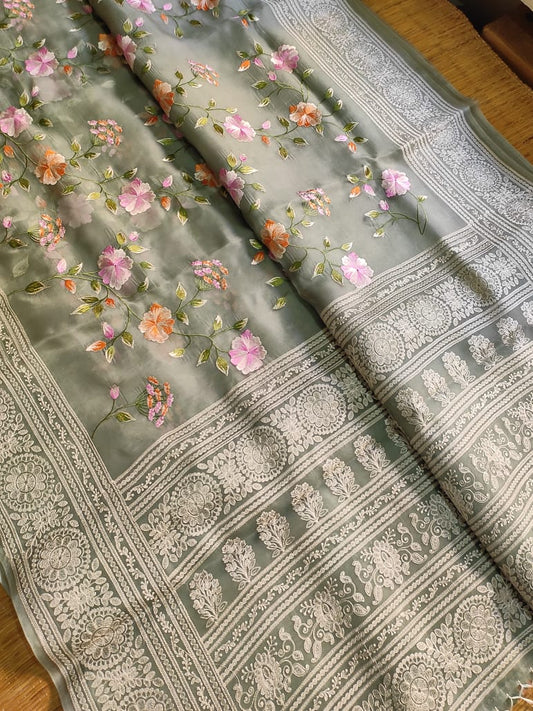 Pure Organza Silk Saree With Full Jaal Floral Hand-Work