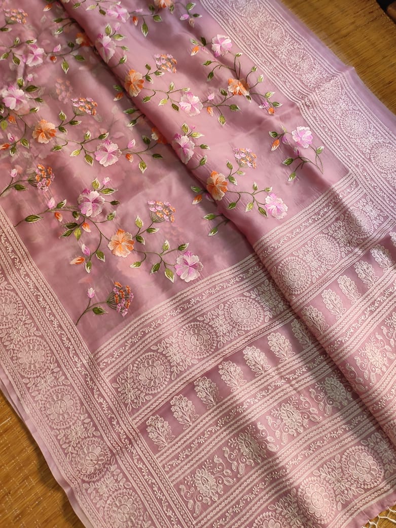 Pure Organza Silk Saree With Full Jaal Floral Hand-Work