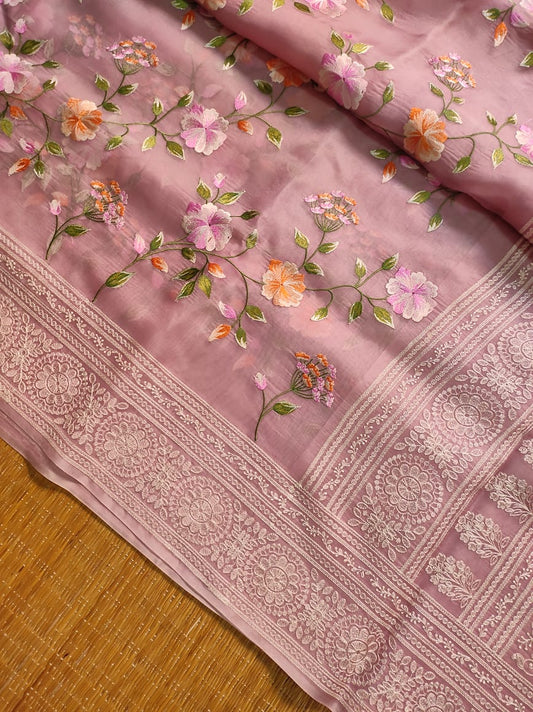 Pure Organza Silk Saree With Full Jaal Floral Hand-Work