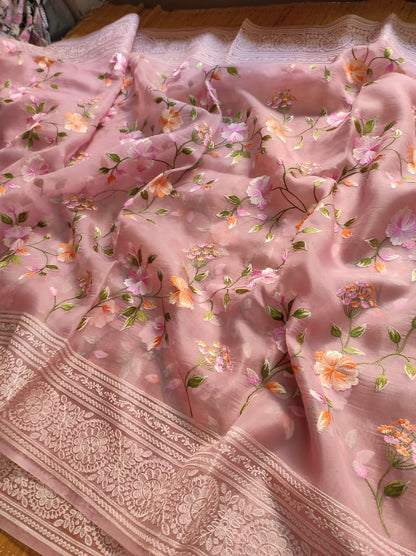 Pure Organza Silk Saree With Full Jaal Floral Hand-Work