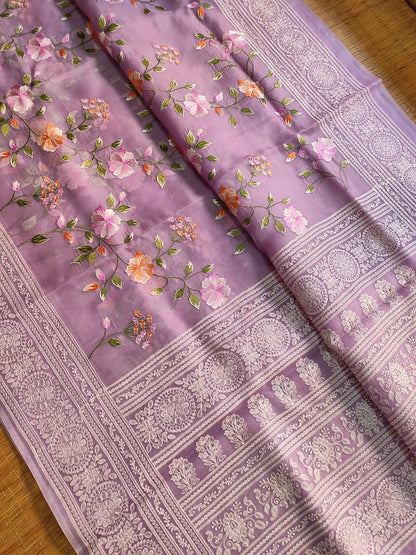 Pure Organza Silk Saree With Full Jaal Floral Hand-Work