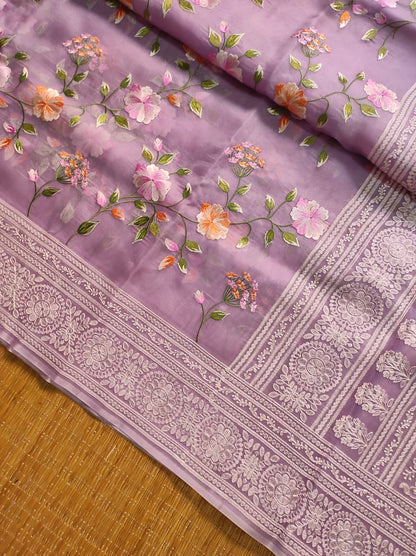 Pure Organza Silk Saree With Full Jaal Floral Hand-Work