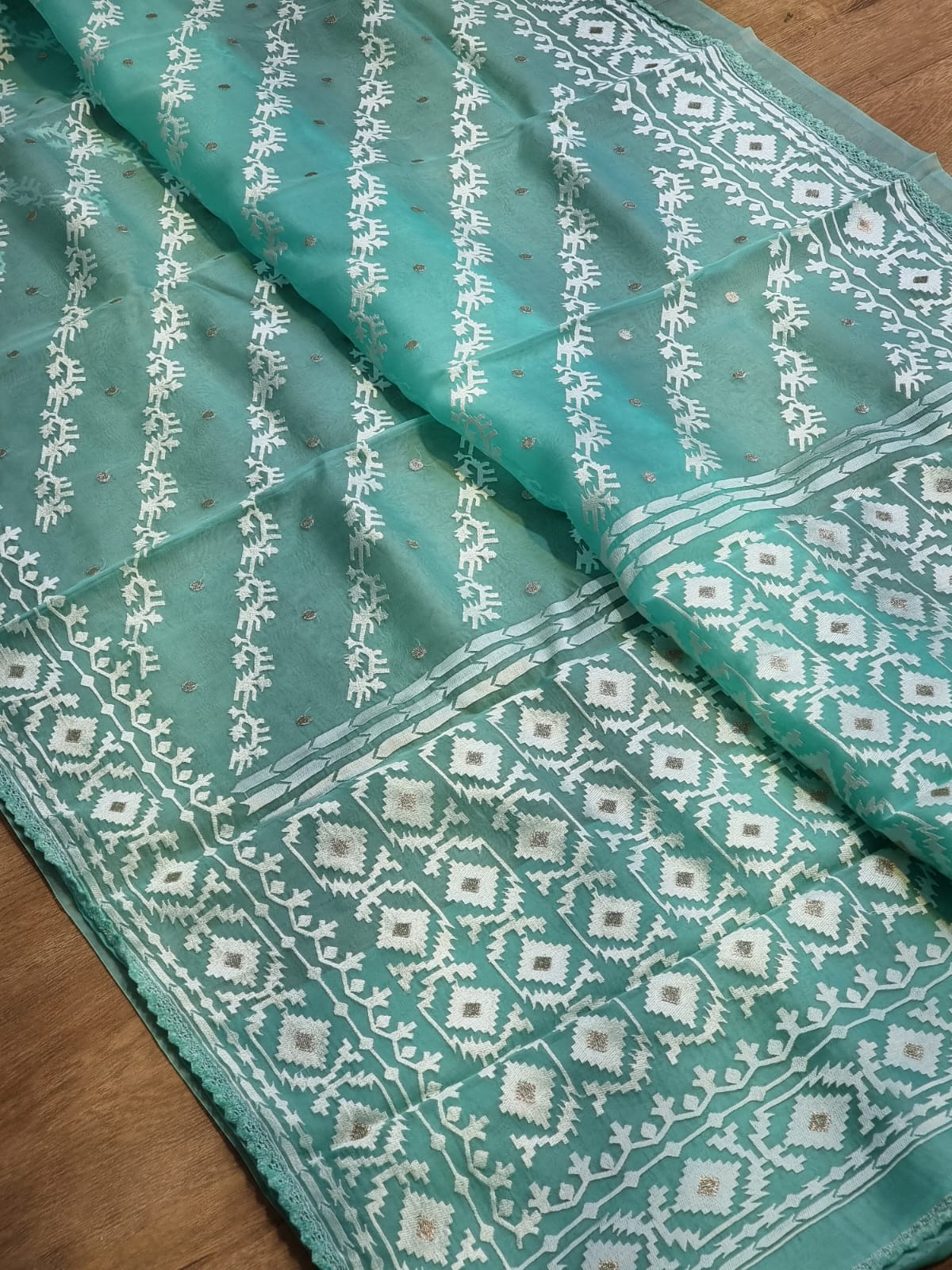 Pure Organza Silk Saree With Dhakai embroidery Hand-Work